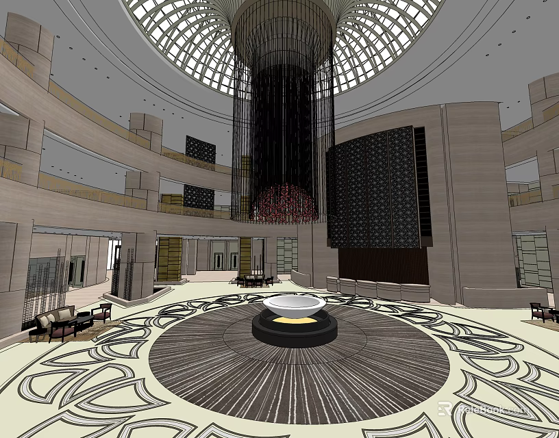 Elegant Modern Hotel Lobby Featuring Dome Ceiling Chandelier Circular Centerpiece And Patterned Floor 3d model 