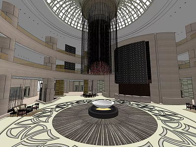 Elegant Modern Hotel Lobby Featuring Dome Ceiling Chandelier Circular Centerpiece And Patterned Floor 3d model