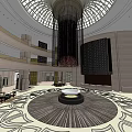 Elegant Modern Hotel Lobby Featuring Dome Ceiling Chandelier Circular Centerpiece And Patterned Floor