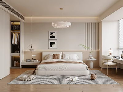 Modern Bedroom Interior With Open Walk In Closet Chandelier Striped Rug And Artwork 3d model