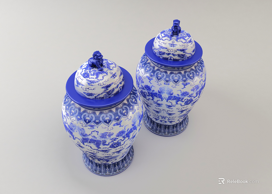 Two Blue And White Lidded Ceramic Vessels In Classic Style With Intricate Patterns 3d model 