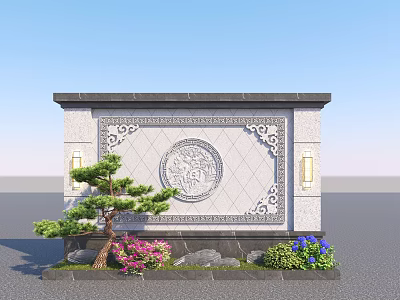 Traditional Chinese Garden Wall With Circular Carved Relief Decorative Border Pine Tree Pink Blue Flowers 3d model