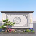 Traditional Chinese Garden Wall With Circular Carved Relief Decorative Border Pine Tree Pink Blue Flowers