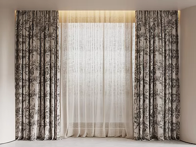 Elegant Floral Pattern Curtains With Sheer White Panel For Window Decor 3d model