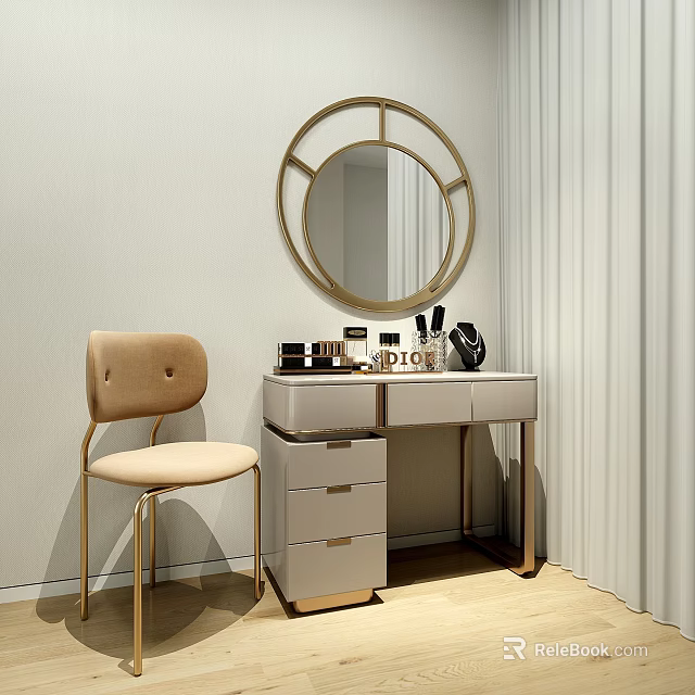 Modern Dressing Table With Gold Framed Round Mirror Beige Chair And Cosmetics 3d model 