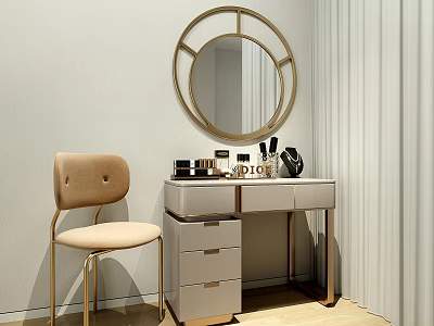 Modern Dressing Table With Gold Framed Round Mirror Beige Chair And Cosmetics 3d model