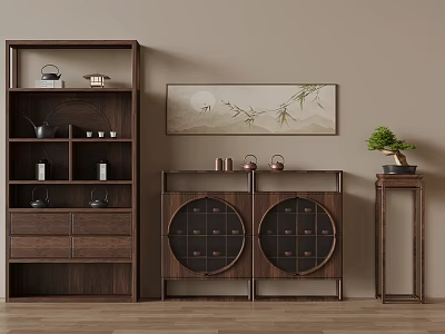 Chinese Style Interior With Dark Wooden Bookshelf Cabinet And Bamboo Moon Painting 3d model