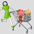 Female Game Movie Character in Green Dress Pushing Shopping Cart With Gift Boxes