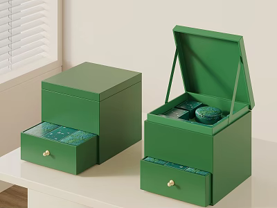 Green Storage Boxes For Tea With Open Lid And Drawers On White Table 3d model