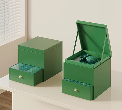 Green Storage Boxes For Tea With Open Lid And Drawers On White Table 3d model Green Storage Boxes For Tea With Open Lid And Drawers On White Table 3d model