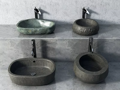 Four Various Shapes Stone Washbasins With Black Faucets On Gray Countertop 3d model
