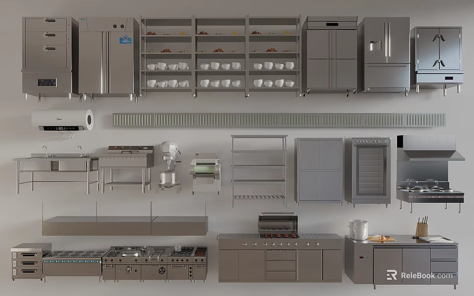 Commercial Kitchen Setup With Stainless Steel Appliances Storage Cabinets And Worktables 3d model 