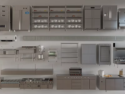 Commercial Kitchen Setup With Stainless Steel Appliances Storage Cabinets And Worktables 3d model
