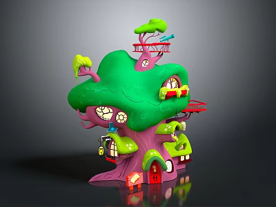 Whimsical Cartoon Treehouse Scene With Green Canopy Pink Trunk Red Door Windows And Little Houses 3d model