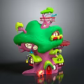Whimsical Cartoon Treehouse Scene With Green Canopy Pink Trunk Red Door Windows And Little Houses