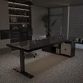 Modern Black Office Desk With Apple Computer Potted Plant Glass Notebook And City View Window