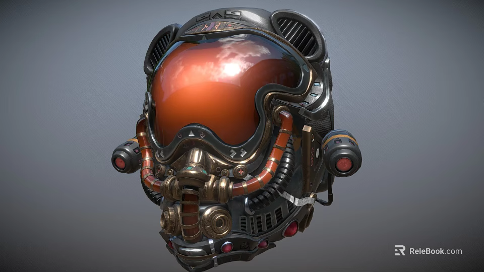 Retro Futuristic Metallic Helmet With Orange Visor Piping Details And Red Accents 3d model 