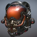 Retro Futuristic Metallic Helmet With Orange Visor Piping Details And Red Accents