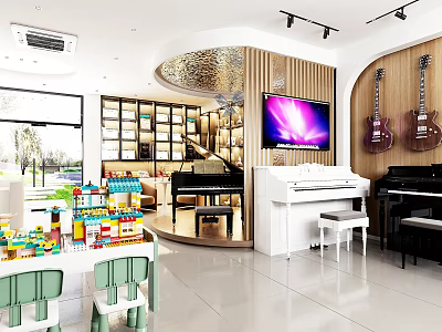 Piano Room Interior Design With White And Black Pianos TV Guitars Bookshelves And Wooden Decor 3d model