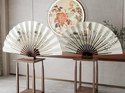 Traditional Folding Fans On Wooden Stands With Round Decorative Painting In Indoor Space 3d model