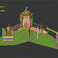 Wooden Children's Playground Structure With Tower Platform Swing And Green Posts
