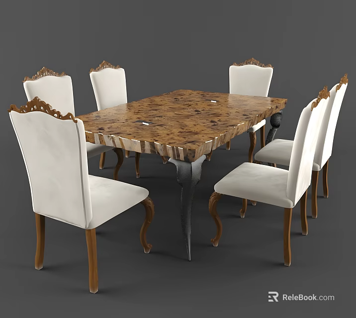Wooden Dining Table Set With Metal Legs And Six White Upholstered Chairs 3d model 