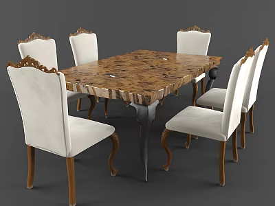 Wooden Dining Table Set With Metal Legs And Six White Upholstered Chairs 3d model