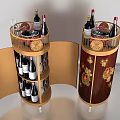 Elegant Round Wheeled Wine Cabinet With Open Doors Red Wine Bottles Glassware And Decorative Flowers