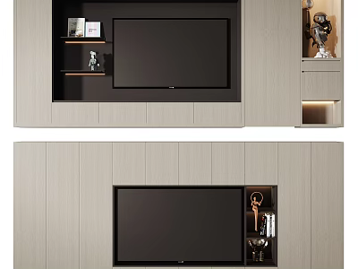 Modern Wooden TV Wall Unit With Built-in TV Storage Shelves And Decorative Items 3d model