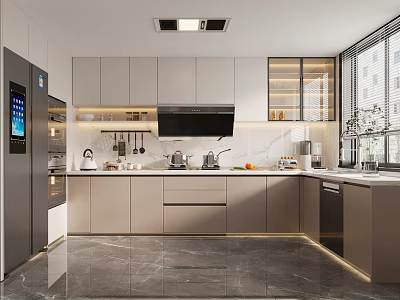 Modern Kitchen Interior With Grey Cabinets Marble Countertop And Appliances Near Window With Natural Light 3d model