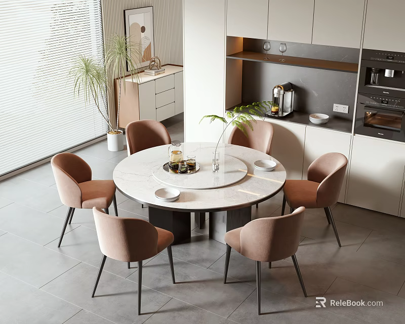 Elegant Round Dining Table Set With Six Beige Chairs And White Marble Tabletop 3d model