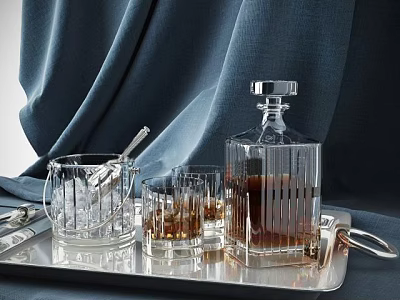 Crystal Glass Decanter And Whiskey Glasses On Silver Tray Against Dark Blue Curtain 3d model