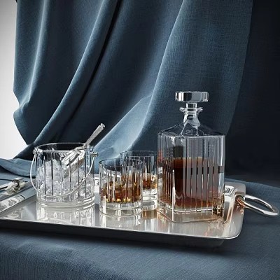 Crystal Glass Decanter And Whiskey Glasses On Silver Tray Against Dark Blue Curtain 3d model