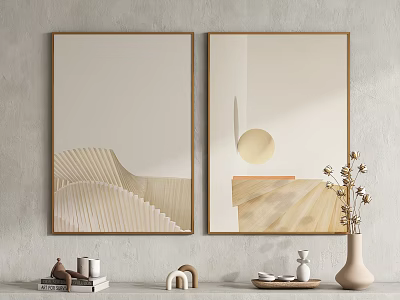 Minimalist Interior With Modern Abstract Wall Art Wooden Frames And Decorative Vase 3d model