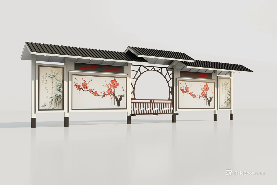 Chinese Style Roadside Facilities With Traditional Roof Wooden Bench And Plum Blossom Panels 3d model 