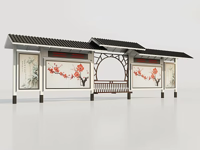 Chinese Style Roadside Facilities With Traditional Roof Wooden Bench And Plum Blossom Panels 3d model
