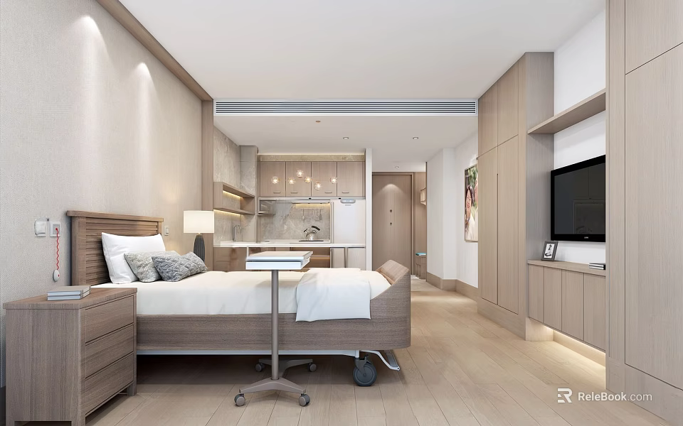 Modern Hotel Guest Room Interior With Bed Desk TV Wardrobe And Open Kitchen Area 3d model 
