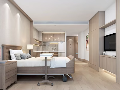 Modern Hotel Guest Room Interior With Bed Desk TV Wardrobe And Open Kitchen Area 3d model