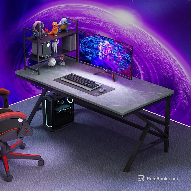 Modern Gaming Desk and Chair Combo with Curved Monitor Keyboard and Purple Cosmic Background 3d model 