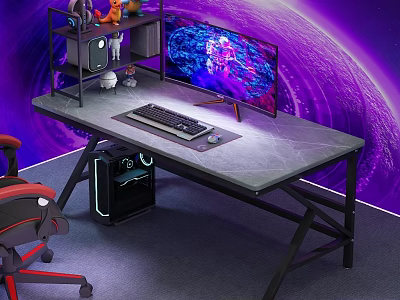Modern Gaming Desk and Chair Combo with Curved Monitor Keyboard and Purple Cosmic Background 3d model