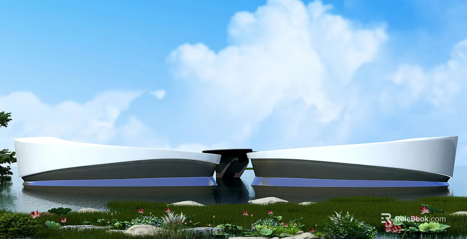Modern Reception Desk At Contemporary Building Entrance With Water Pool Greenery And Blue Sky 3d model 