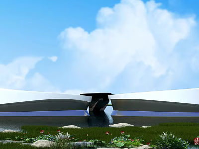 Modern Reception Desk At Contemporary Building Entrance With Water Pool Greenery And Blue Sky 3d model