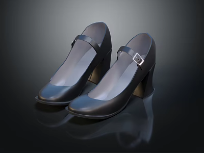 Women's Black Leather Shoes with Buckle Strap and Chunky Block Heel Design 3d model