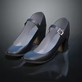 Women's Black Leather Shoes with Buckle Strap and Chunky Block Heel Design
