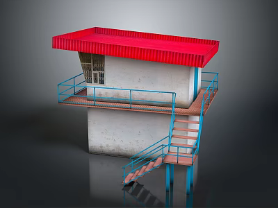 Small Building With Red Roof White Walls Blue Railings Staircase And Small Window 3d model