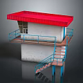 Small Building With Red Roof White Walls Blue Railings Staircase And Small Window