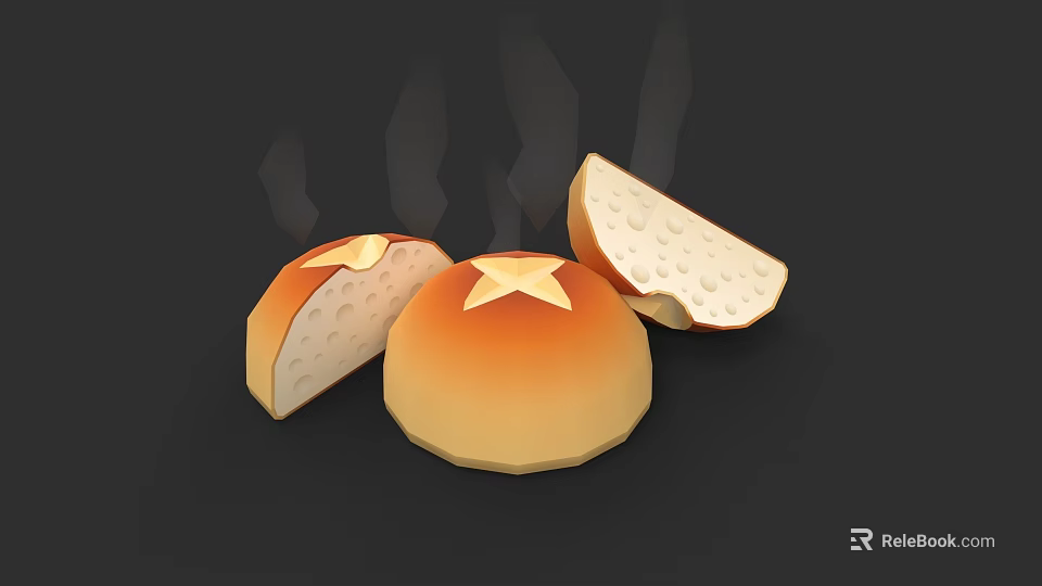 Freshly Baked Star Decorated Bread With Whole And Sliced Pieces Emitting Steam 3d model 