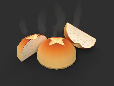 Freshly Baked Star Decorated Bread With Whole And Sliced Pieces Emitting Steam 3d model