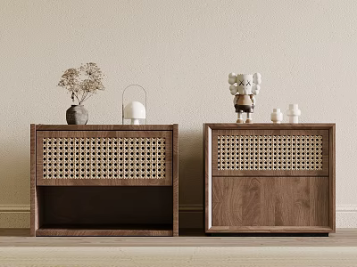 Walnut Wood Bedside Tables With Rattan Woven Panels Dried Flowers Lantern Figurine And Jars 3d model