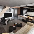 Modern Living Dining Room Interior Design With Wooden Shelves Sofa Staircase TV Unit And Plant